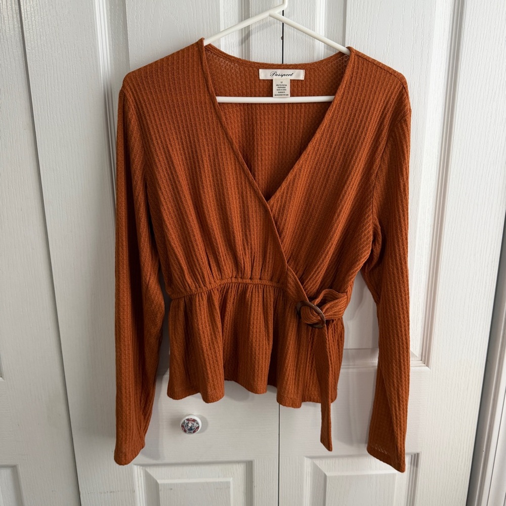 Passport rust faux wrap buckle‎ blouse size medium